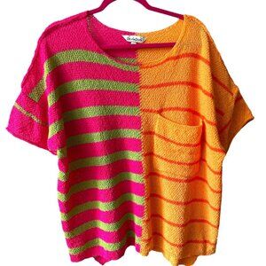 Davi & Dani OVERSIZED Boxy Striped Lightweight Top Pink Green Orange Size Large